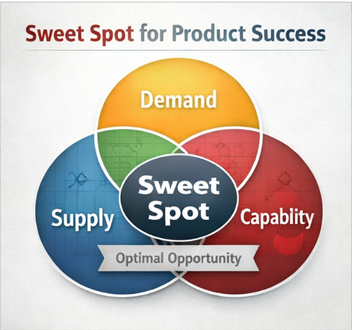 供給面、需求面與品牌優勢面三個視角交集形成保健食品品牌的市場甜蜜點（Sweet Spot）